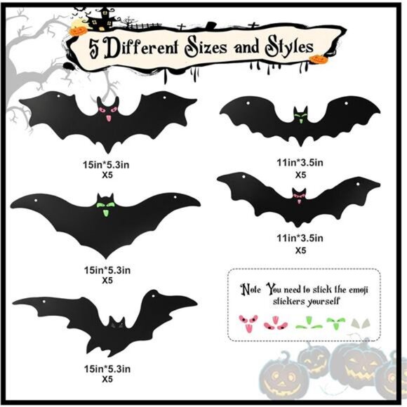 25Pcs Halloween Hanging Bats Decor, Large Plastic Flying Bats with Glowing Eyes - Picture 2 of 8